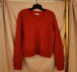 Elegant V-Neck Red Sweater with Button Accents